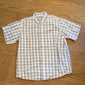 Men's Plaid Button-Down Shirt in Blue and Orange